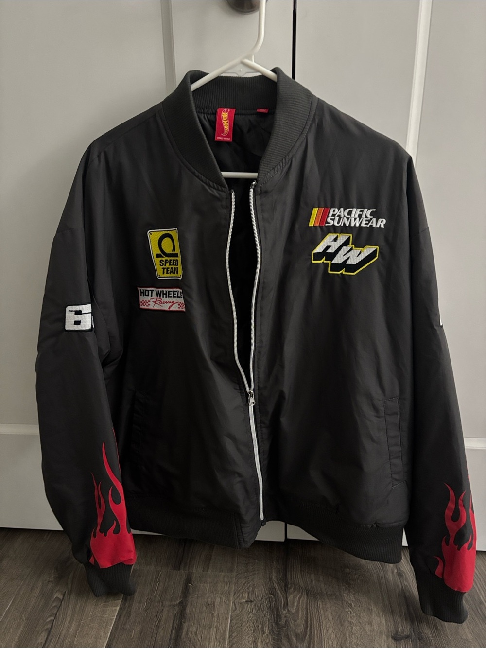PacSun Black Bomber Jacket with Red Flame Sleeves Unisex size S